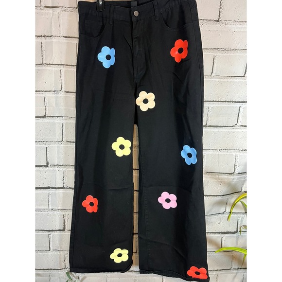 Cider Denim - CIDER XL Black Floral Wide Leg Jeans Daisy Applique Y2K 70s Mod Statement Pants